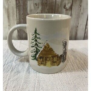 StonEware Coffee Mug Cup Winter Log Cabin Country Collectible Vintage